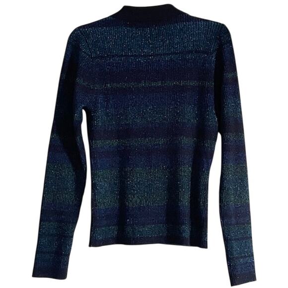 Intermix Sienna Ribbed Metallic Blue Green Striped Lurex Cardigan Collar Stretch - Picture 7 of 14